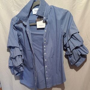 THESHIRT Gingham blue 3/4 length ruffle sleeve